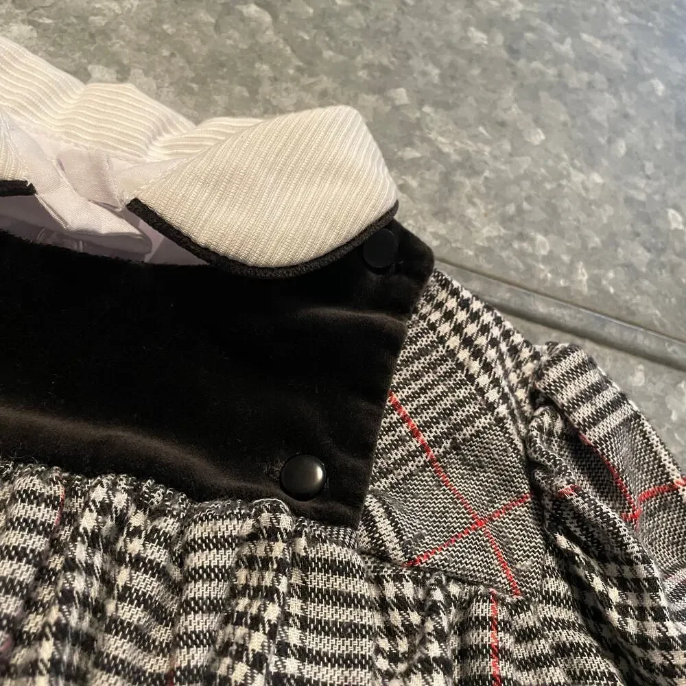 Vintage YSL Yves Saint Laurent Girls Dress 4 Long Sleeve Plaid Velvet Gray Black